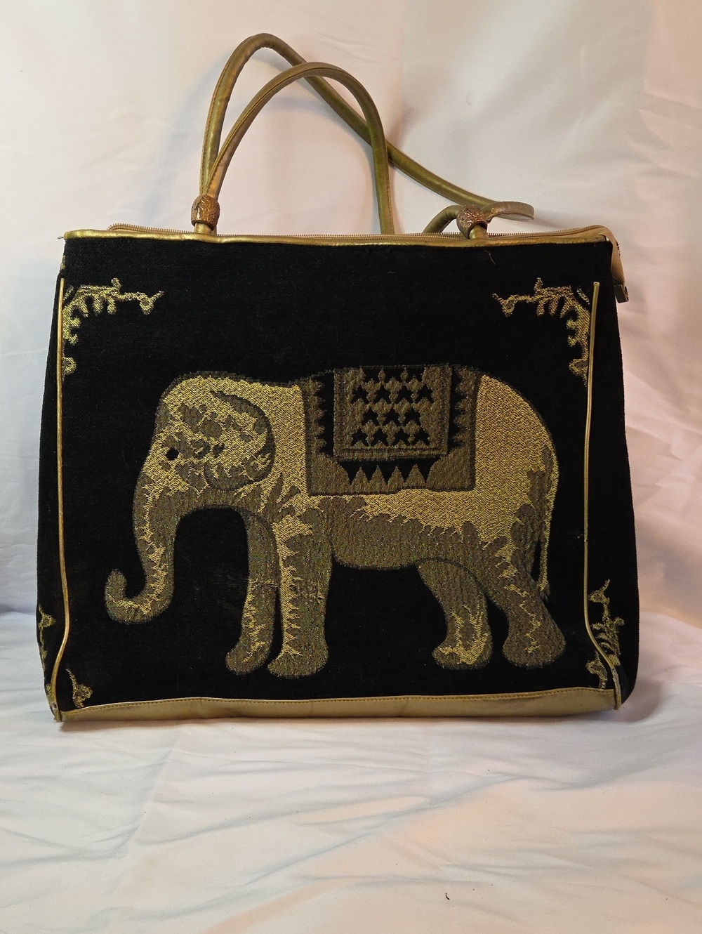 Black & Gold Elephant Embroidered Tote Bag
